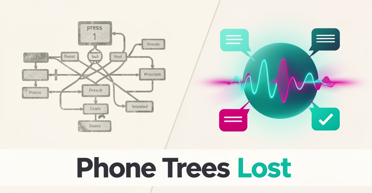 Flat illustration contrasting an obsolete tangled IVR phone tree with a glowing AI voice agent in teal and magenta, headlined Phone Trees Lost.